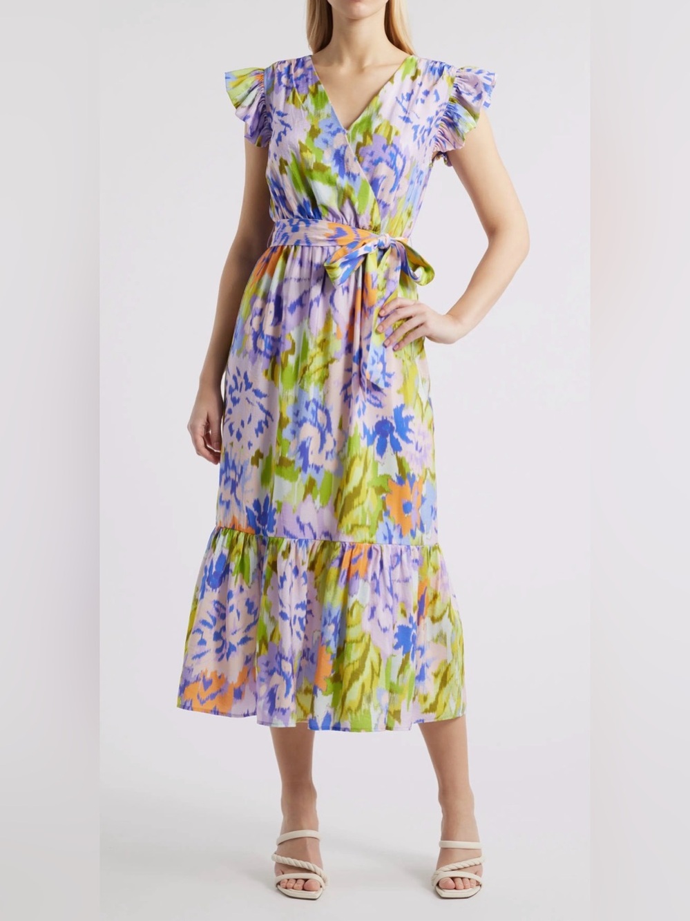 Sam Eldeman Print Wrap Front Flutter Sleeve Midi Dress